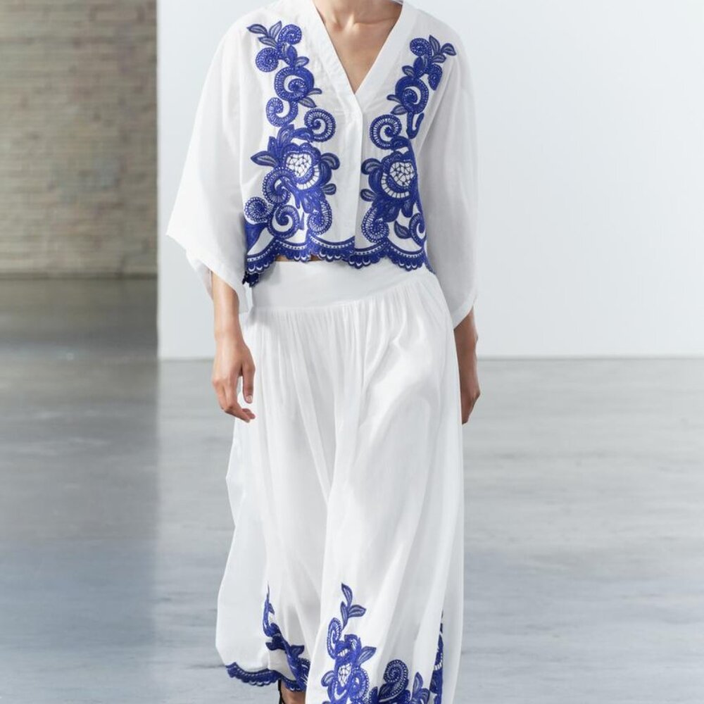 Zara CONTRAST EMBROIDERED BLOUSE AND SKIRT SET
